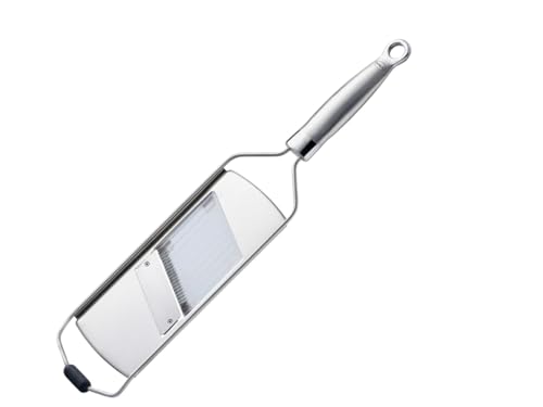RÖSLE Mandolina per affettare alla Julienne, affetta verdure di qualità per zucchine, cetrioli o carote, 3 lame, piedini di supporto in silicone, acciaio inox 18/10, inclusa custodia protettiva