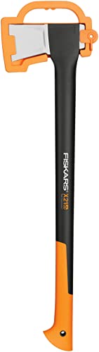 Fiskars Hacha 1,63 kg, Con estuche de almacenamiento y transporte, Longitud: 71 cm, Capa antiadherente, Cuchilla de acero/Mango de fibra de vidrio, Negro/Naranja, X21–L, 1015642