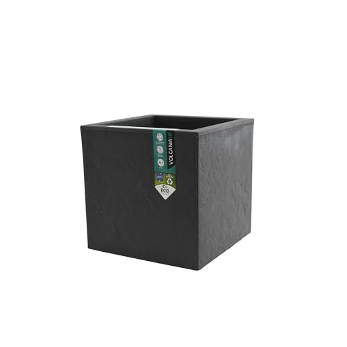 EDA - Pot Carré Volcania'Up 21 L - Décor Imitation Pierre - Simple Paroi avec Colerette Trompe-l'oeil - Zone de Rétention d'eau pour Limiter l'Arrosage - 29,5 x 29,5 x 29,5 cm - Gris Anthracite
