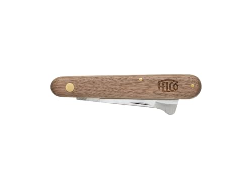 FELCO Cuchillo para brotar e injertar de carbono de, hoja recta, levantador de corteza en la hoja, mango de nogal americano, hoja de 58 mm, remaches de latón, forro interior de latón