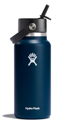 HYDRO FLASK – Gourde Isotherme 946 ml (32 oz) avec Bouchon Antifuite et Paille Intégrée - Bouteille Inox à Isolation sous vide - Ouverture Standard – Indigo