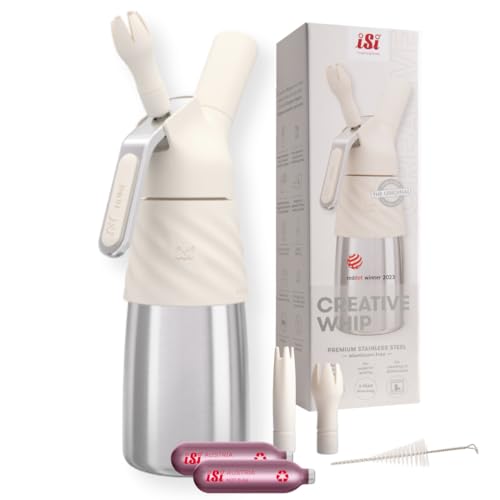 iSi Creative Whip Sahnespender 500ml | Ivory White | hochwertiger Edelstahl | inkl. 2 iSi Sahnekapseln & 2 Garniertüllen | iSi Sahnespender für Sahne, Dessert & herzhafte Dips | Spülmaschinenfest