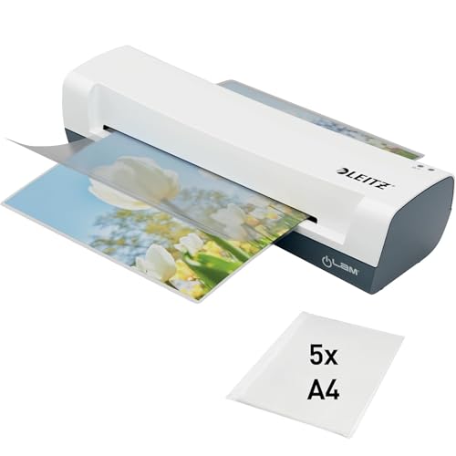 Leitz 74310001 - Plastificadora A4 Leitz iLAM Home, Tiempo Reducido de Precalentamiento de Tres Minutos, Bolsas para Plastificar de 75-125 micras, Incluye Pack de Láminas