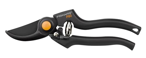 Fiskars Tijeras de podar con cuchilla bypass, Diámetro de corte: 2,6 cm, Cuchillas de acero de calidad con cubierta antiadherente, Longitud: 22,5 cm, Negro/Naranja, Pro, P90, 1001530