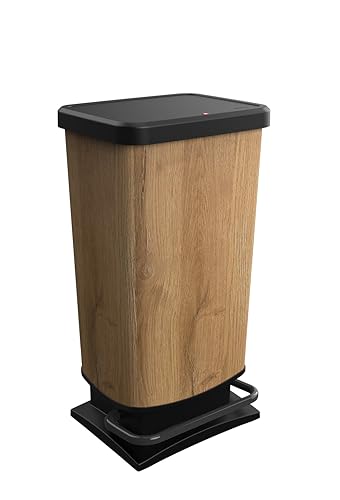 Rotho Paso Mülleimer 40l mit Deckel, Kunststoff, Holz, 40l (35.3 x 29.5 x 67.6 cm)