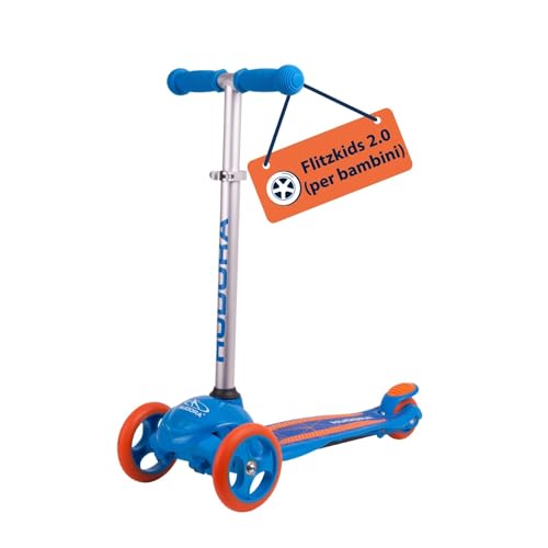 HUDORA Monopattino Flitzkids 2.0, blu, Monopattino per bambini stabile con pedana grande, Monopattino mini a tre ruote regolabile e trasportabile