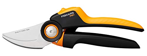 Fiskars Tijeras de jardín Bypass L, X-series PowerGear, P961, Mango giratorio, Para ramas frescas, Recubrimiento antiadherente, Cuchillas acero inoxidable, Longitud: 22,2 cm, Negro/Naranja, 1057175