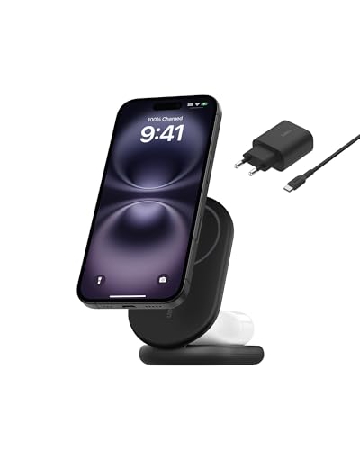 Belkin BoostCharge Caricabatteria magnetico pieghevole 2 in 1 con Qi2 15W, Caricatore wireless compatibile con MagSafe, ricarica rapida per Apple iPhone 17, iPhone Air, Pixelsnap, alimentatore - Nero