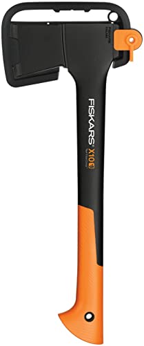 Fiskars Hacha pequeña universal, Estuche de almacenamiento y transporte incluido, Longitud: 44 cm, Capa antiadherente, Cuchilla de acero/Mango de fibra de vidrio, Negro/Naranja, X10-S, 1015619