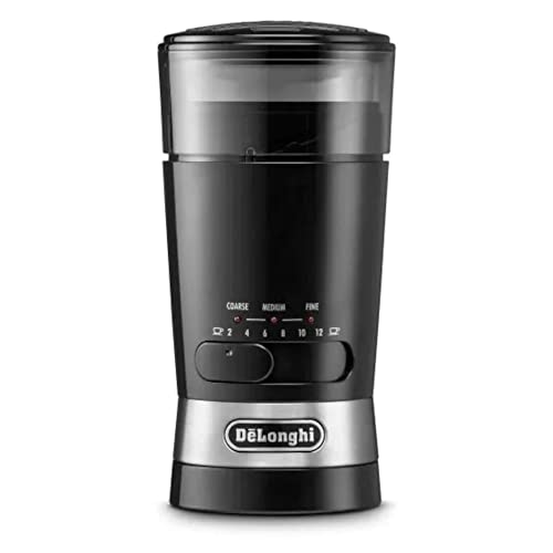 De'Longhi KG210 Molinillo de Café, Capacidad 90 Gramos, Cuchillas de Acero Inóxidable, Capacidad de Tazas Ajustable, Nivel de Molienda Ajustable, Uso Sencillo, 170 W, Color Negro