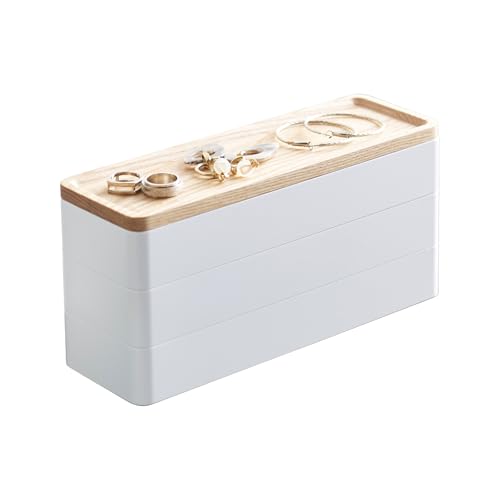 Yamazaki 5811 RIN 3~Tiered Slim Accessory Case with Lid, white, ABS Resin/Wood, 24 x 8 x 11.5 cm