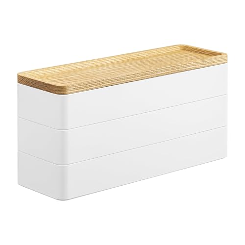 YAMAZAKI 5811 RIN 3~Tiered Slim Accessory Case with Lid, white, ABS Resin/Wood, 24 x 8 x 11.5 cm