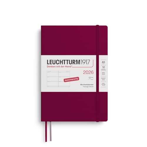 LEUCHTTURM1917 372557 Wochenkalender Medium (A5) 2026, 12 Monate, Softcover, Port Red, Deutsch