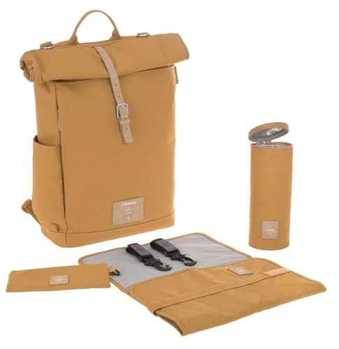 Lässig Bolsa para pañales, cambiador, fijación para cochecito de bebé, soporte para botellas, fabricado de forma sostenible/GRE Rolltop Backpack amarillo (curry)