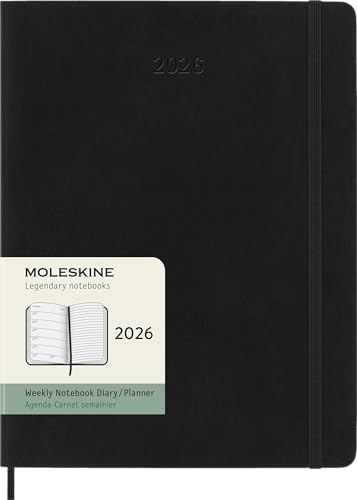 Moleskine Agenda Semanal, Agenda Semanal 2026 12 Meses Con Espacio Para Notas, Con Tapa Blanda y Cierre Elástico, Formato XL 19x25, Color Negro