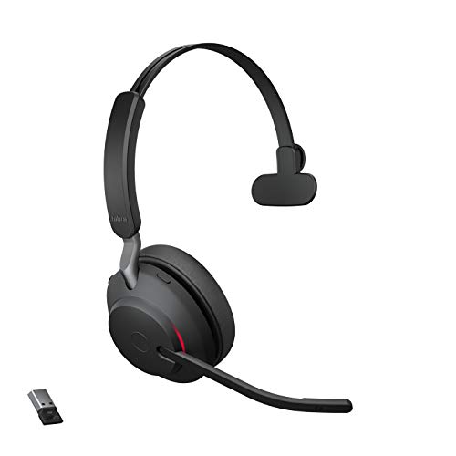 Jabra Evolve2 65 Wireless PC Headset – Noise Cancelling UC Certified Mono Headphones with Long-Lasting Battery – USB-A Bluetooth Adapter – Black