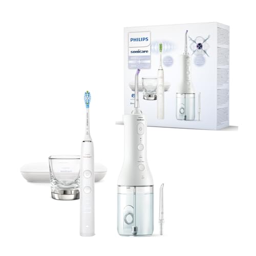 Philips Sonicare Jet dentaire sans fil Power Flosser 3000 et brosse à dents électrique DiamondClean 9000 - Nettoie les dents et les gencives et élimine la plaque dentaire, blanc (modèle HX3886/41)