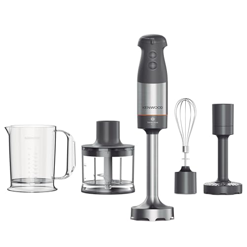 Kenwood Triblade XL+ HBM60.307GY, Minipimer con 3 Cuchillas Antisalpicaduras, Picadora 500ml, Varillas Metal, Accesorio Pasapurés y Vaso Medidor Plástico sin BPA, Apto para Lavavajillas, 1000W, Gris