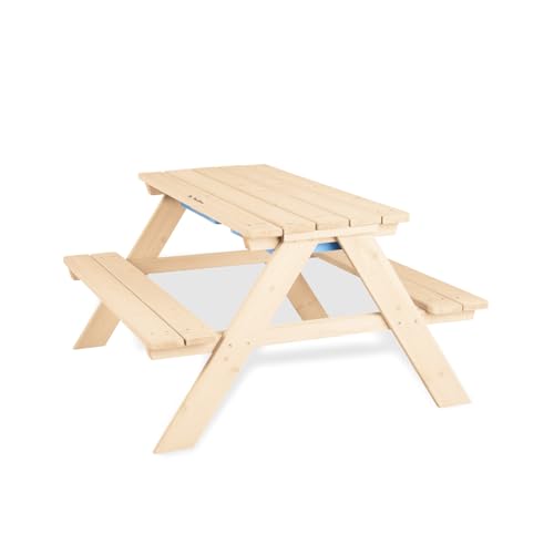 PINOLINO Matsch-Nicki Kindersitzgruppe 4er mit 2 Wannen -Matschküche & Wasserspieltisch für den Garten - Matschtisch aus Naturholz, Kindergartenmöbel ab 2 Jahren, Outdoor-Tisch 88 x 89 x 51 cm