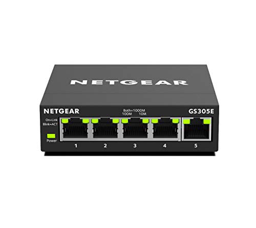 NETGEAR GS305E Managed Switch 5 Port Gigabit Ethernet LAN Switch Plus (Plug-and-Play, Netzwerk Switch Managed, IGMP Snooping, QoS, VLAN, lüfterlos, Robustes Metallgehäuse), Schwarz