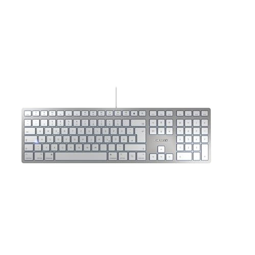 Cherry KC 6000 Slim FOR Mac, Teclado Mac con Cable (Conexión USB-A), Distribución de Teclado Alemán (QWERTZ), Teclas Silenciosas, Diseño Plano, Blanco/Plateado