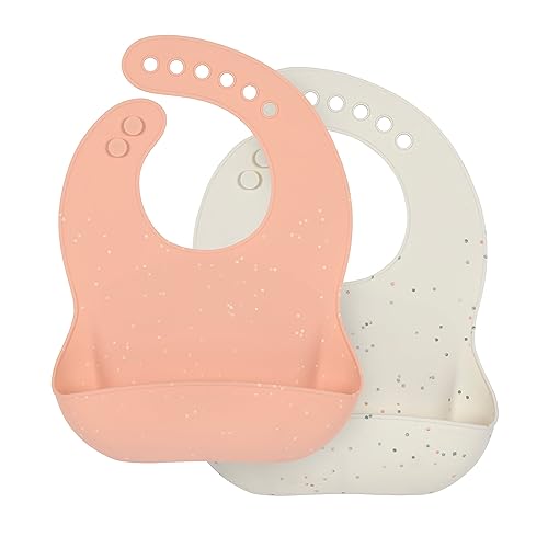 LÄSSIG Set di bavaglini in silicone per bambini (2 pezzi) con vaschetta di raccolta lavabile in lavastoviglie, arancione/beige