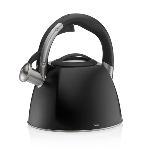 kela Bouilloire à induction 2,4L, Bouilloire à flûte en acier inoxydable, pour tous les types de cuisinières, avec ouverture sécurisée du couvercle verseur par bouton-poussoir, VITUS, noire mate