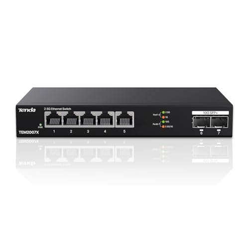 Tenda 2.5Gbit Switch mit 5X 2,5G Ports & 2X 10G SFP+ Ports, Unmanaged 2.5 Gigabit Ethernet LAN Switch (Plug-and-Play, Lüfterlos, Desktop-/Wandmontage, Metallgehäuse, Schwarz)(TEM2007X)