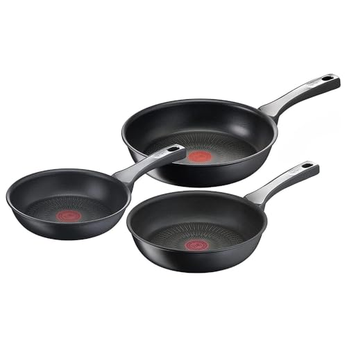 Tefal Unlimited On - Juego de 3 Sartenes 20/24/28 cm, Apto inducción, Antiadherente, Revestimiento titanio, Thermo-signal, Apto lavavajillas y horno, Acero inoxidable