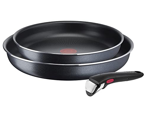 Tefal L15891 Ingenio XL Force - Juego de sartenes (3 piezas, 24/28 cm, 1 mango extraíble, apilables, revestimiento antiadherente, indicador de temperatura de señal térmica, gris/azul, tamaño grande)