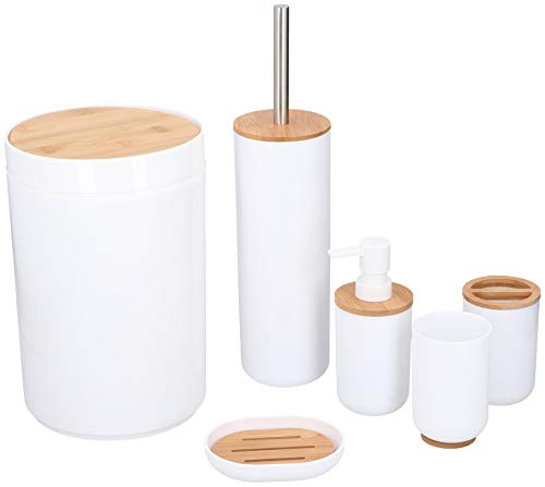Alpina Ensemble de Toilette - 6-Pièces - Distributeur de Savon - Porte-Brosse à Dents - Brosse de Toilette - Corbeille à Papier - Porte-Savon - Tasse - Bambou - Blanc, Unique