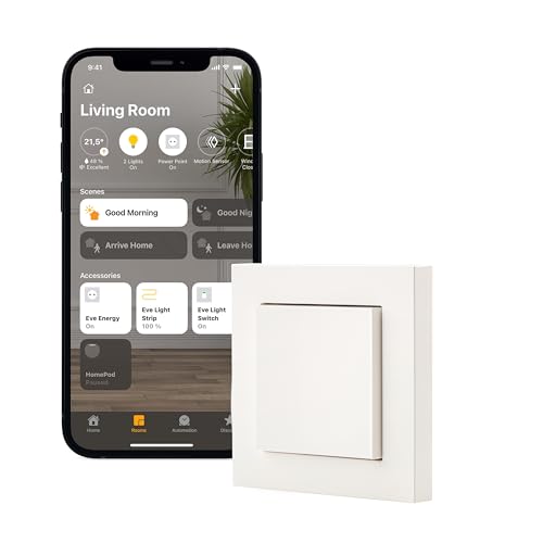 Eve Light Switch – Interruptor de pared inteligente (Apple HomeKit), interruptor individual, pulsador y conmutadores, horarios automáticos, no requiere pasarela, Bluetooth/Thread