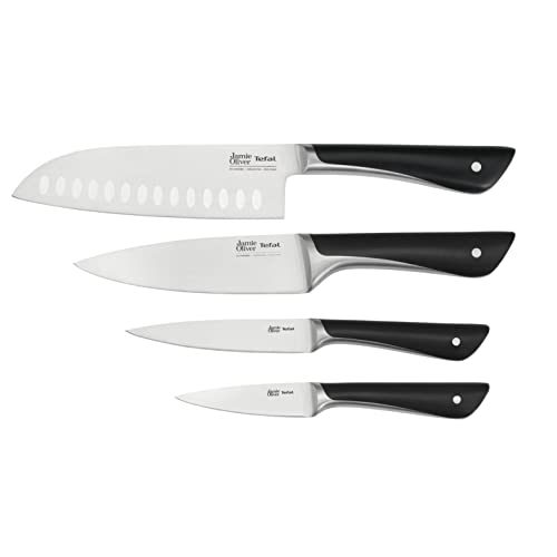 Tefal Jamie Oliver - Juego de 4 Cuchillos: Santoku 16,5 cm, Chef 15 cm, Universal 12 cm y Pelador 9 cm, Acero Inoxidable, Endurecidos con Hielo -120°C, Corte Preciso, Mango Robusto, Diseño Duradero
