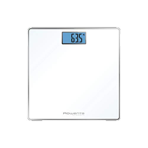 Rowenta Classic BS1501 - Báscula de baño con Pantalla LCD, Compacta, Capacidad de 160 kg, Plataforma de Vidrio y Apagado Automático que Incluye Pilas, color blanca