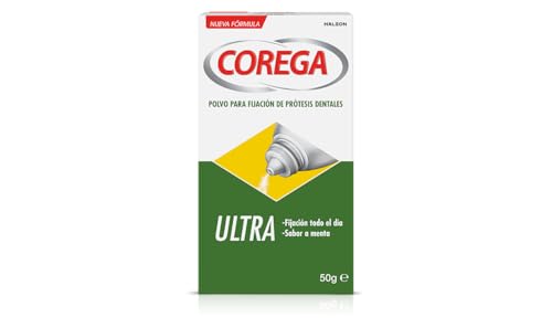 Corega Ultra, Polvo Para Fijación de Prótesis Dentales, Sabor Menta, Fijación Todo el Dia, 50 g