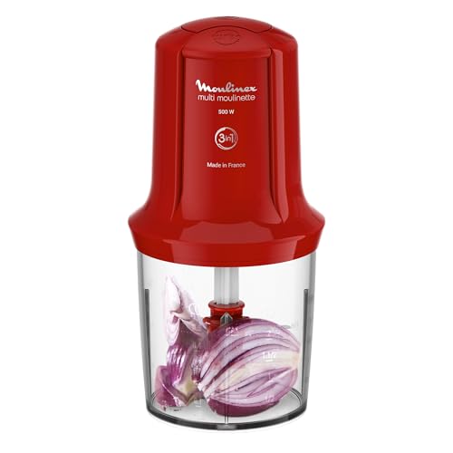 Moulinex Multi Moulinette Hachoir électrique, 500 W, 500 ml, Émince, Hache, Mixe, 6 lames, 2 vitesses, Facile à utiliser, Compatible lave-vaisselle, Rouge, AT714G32
