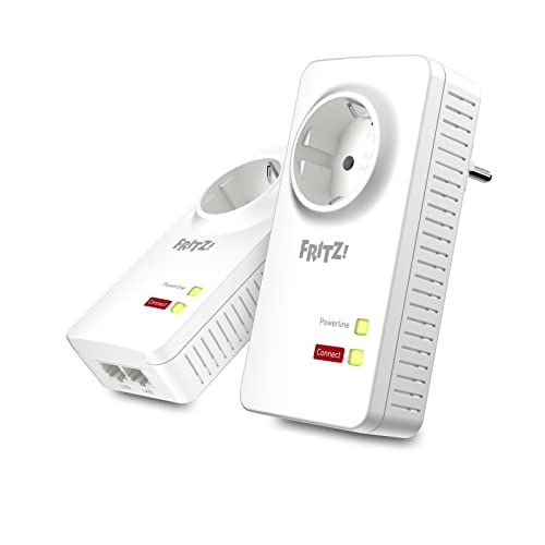 FRITZ!Powerline 1220 Set International - Adaptador/Extensor de Red por línea eléctrica, PLC, Compatible HomePlug AV2, IEEE P1901, 1200 Mbps, 2 Puertos LAN Gigabit, Toma de Corriente integrada