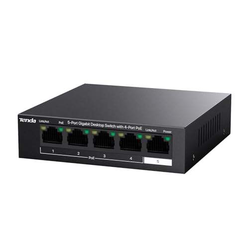 Tenda Gigabit PoE Switch 5 Ports mit 4 PoE+ Ports & 1 Uplink-Port (58W, VLAN, IEEE-802.3af/at PoE, lüfterlos, Plug-and-Play, Metallgehäuse) (TEG1105P-4-63W)