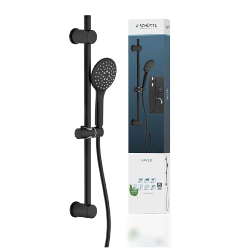 SCHÜTTE RAVEN - Barra de ducha y ducha de mano, alcachofa de ducha con 3 posiciones ajustables, juego de ducha con columna de ducha, panel de ducha con manguera en color negro