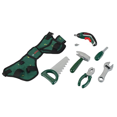 Theo Klein 8313 Cintura per attrezzi Bosch, Con martello, pinza, sega e molto altro, Con Ixolino a batterie, Dimensioni- 76 cm x 24 cm 4,5 cm, Giocattolo per bambini a partire dai 3 anni di età