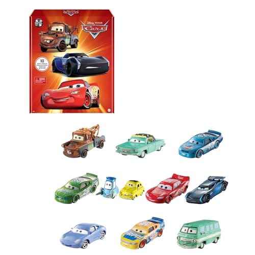 Mattel CARS - Confezione da 10 veicoli Mini Racers, macchinine da corsa die-cast da collezione e ispirate ai personaggi più iconici di CARS, giocattolo per bambini, 3+ anni, HBW15