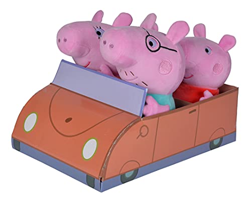 Simba 109261006 - Peppa Pig 4-TLG. Familienset im Auto, Schorsch 16cm, Peppa 17,5cm, Mama Wutz 19cm, und Papa 20cm, verpackt im Auto aus Pappe, ab den ersten Lebensmonaten