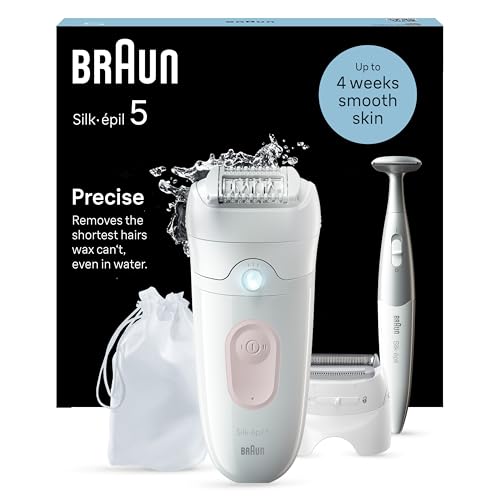 Braun Silk-épil 5, Epilierer Damen / Haarentferner für langanhaltende Haarentfernung, inkl. Bikinitrimmer (Haartrimmer Intimbereich), Ladyshaver, 5-230, Weiß/Flamingorosa