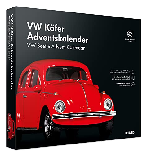 FRANZIS 55255 - VW Käfer Adventskalender rot, Metall Modellbausatz im Maßstab 1:43, inkl. Soundmodul und 52-seitigem Begleitbuch