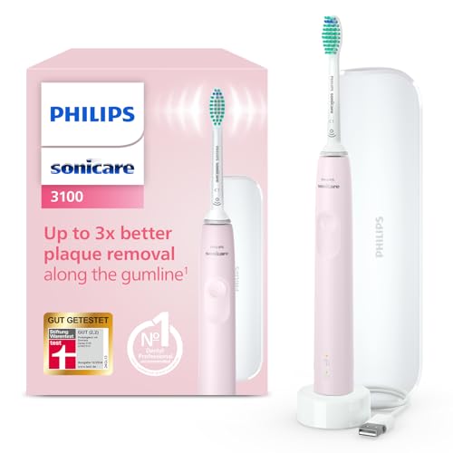 Philips Sonicare 3100 elektrische Zahnbürste, Schallzahnbürste, Andruckkontrolle und Timer, Reiseetui, Sugar Rose, Modell HX3673/11