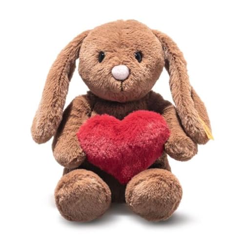 Steiff Hoppie Hase mit Herz 16cm braun, Plüschtier Hase mit Schlappohren, Soft Cuddly Friends, Flauschiges Stofftier zum Kuscheln und Spielen, Kuscheltier für Mädchen und Jungen, waschmaschinenfest