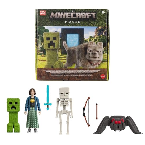 Mattel Minecraft Encuentros en la superficie Conjunto de historia Pack con cuatro figuras de acción y tres accesorios inspirado en la película “Una película de Minecraft”, juguete coleccionable, JFR70