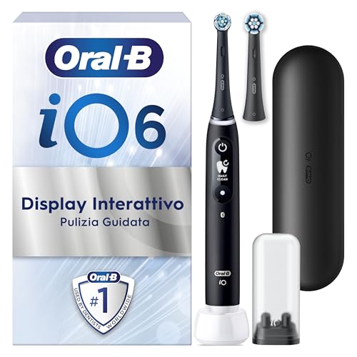Oral-B Spazzolino Elettrico Ricaricabile iO 6 Nero, 2 Testine di Ricambio per Spazzolino Elettrico, Pulizia Denti Efficace, Custodia Viaggio, Porta Testine, Delicato Su Gengive, Sensore di Pressione