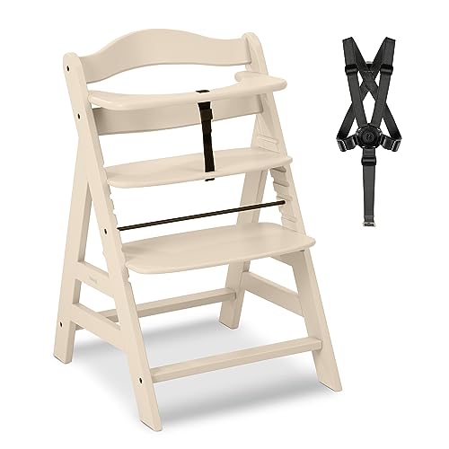 hauck Alpha+, Vanilla - Mitwachsender Holzhochstuhl aus Buche für Kinder ab 6 Monaten bis 90 kg - Inklusive 5 Punkt Gurt, Schrittgurt, Schutzbügel - Kompatibel mit viel Zubehör