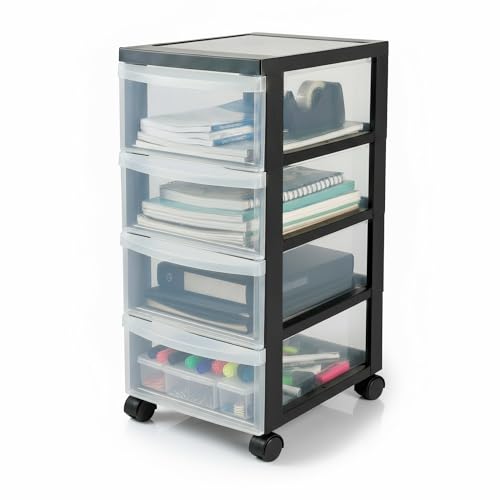 Iris Ohyama Cassettiera in Plastica con ruote, 4 Cassetti Piccoli, Nero, Maniglie facili da tirare, Organizzatore, Per Camera Da Letto, Bagno, Scuola e Ufficio, Senza BPA, Contenitore, DC-004